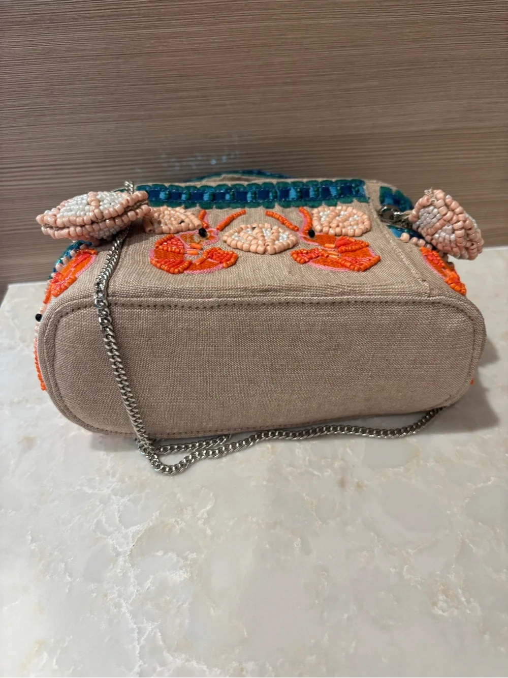 NWT Made in India beaded Crab & Shrimp Canvas Top-Handle Bag